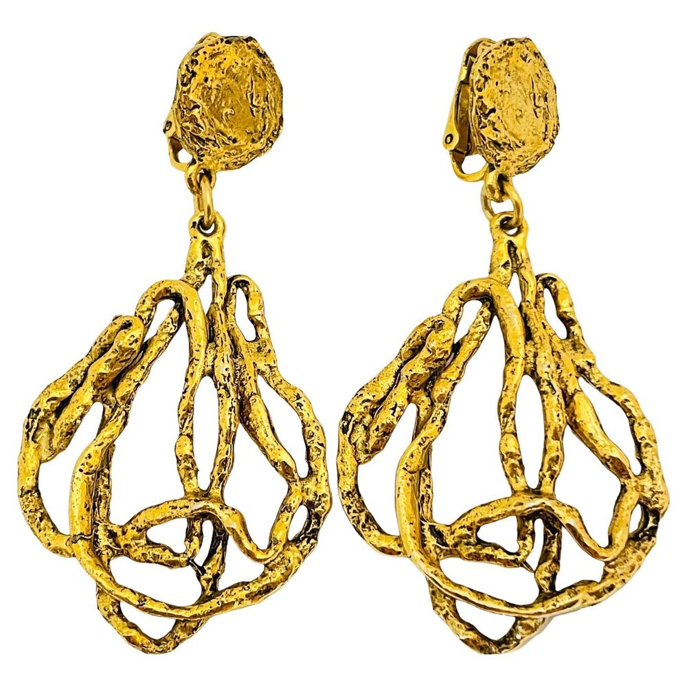 Vintage gold abstract modernist dangle designer runway clip on earrings